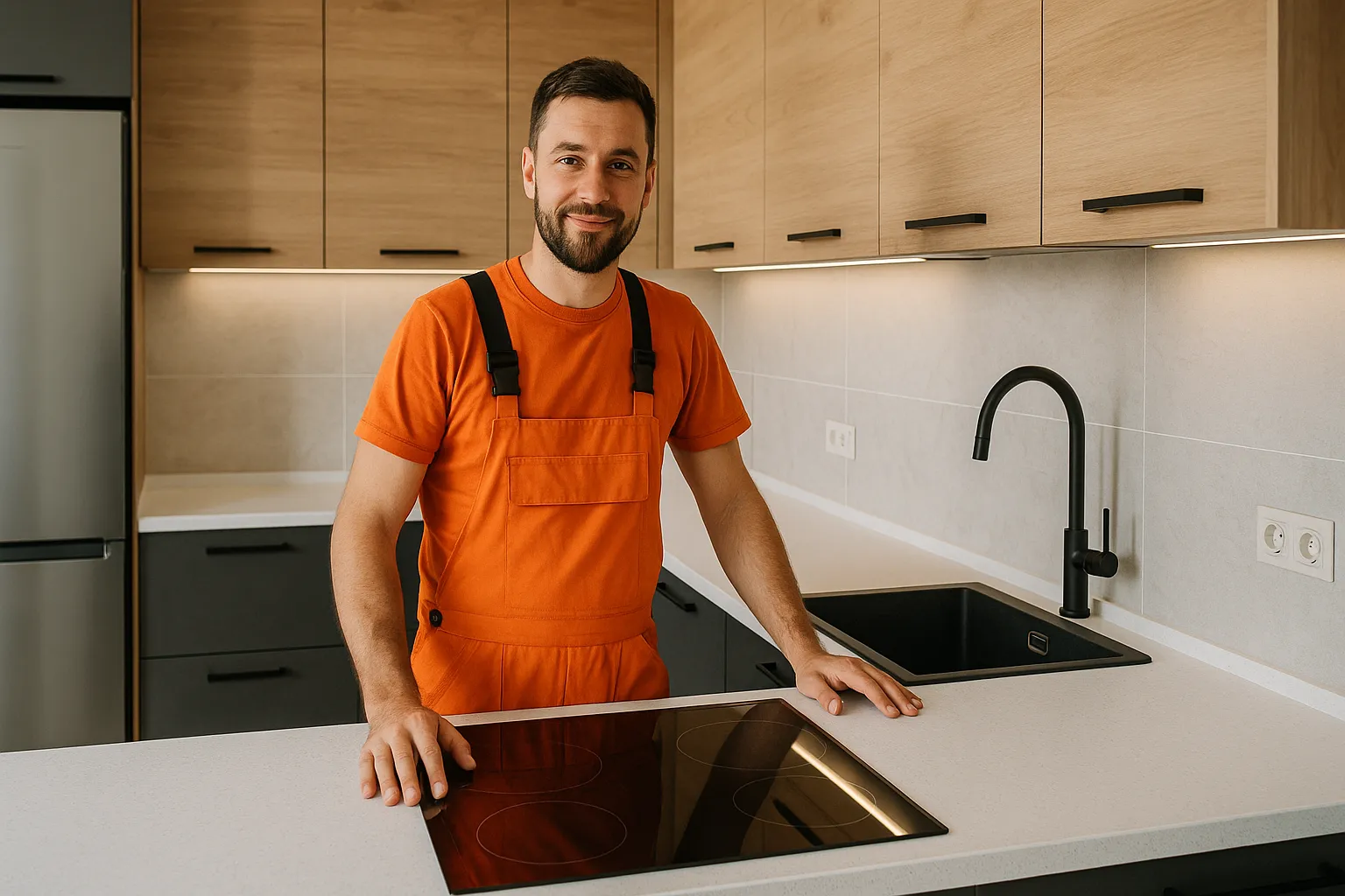 Instalatér nebo kuchyňský technik při montáži moderní kuchyně s indukční deskou a dřevěnými skříňkami.