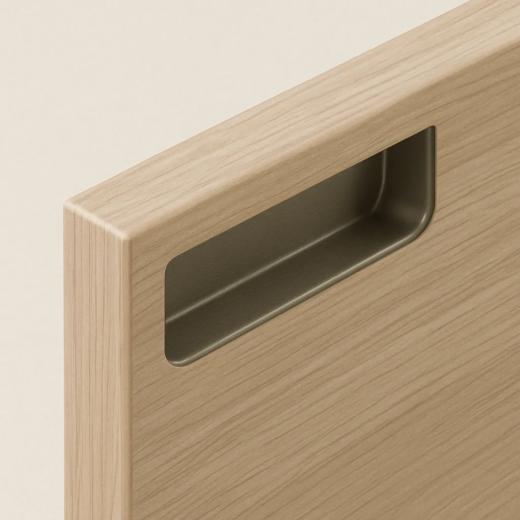  Profilová kovová úchytka zapuštěná v dvířkách ze světlého dřeva – minimalistický design.