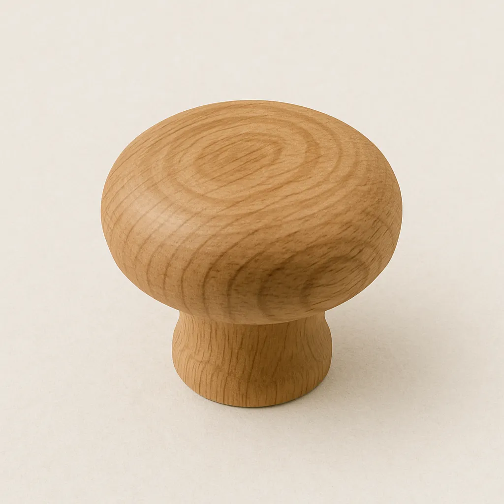 Kulatá dřevěná knoflíková úchytka – jednoduchý a funkční detail pro zásuvky nebo dvířka.