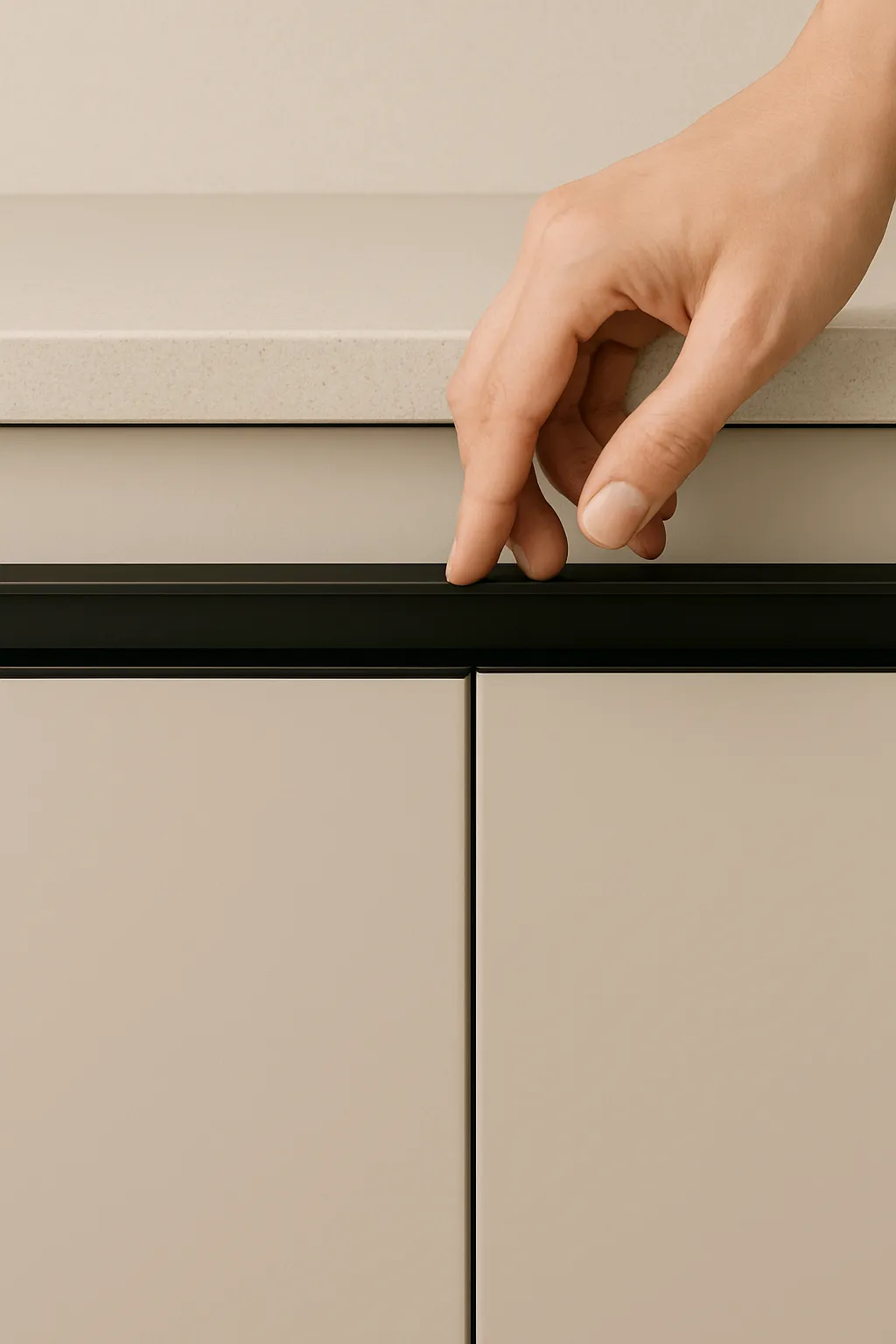  Ruka otevírající kuchyňská dvířka pomocí černého GOLA profilu – skrytý systém úchytu.