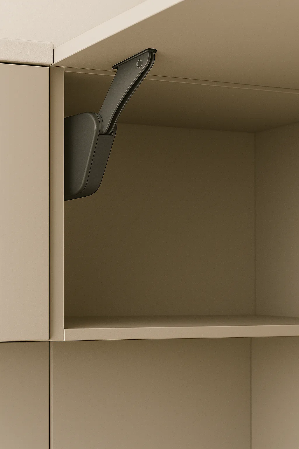  Elektrický servo-drive mechanismus ve skříňce béžové kuchyně – moderní bezúchytkové řešení.