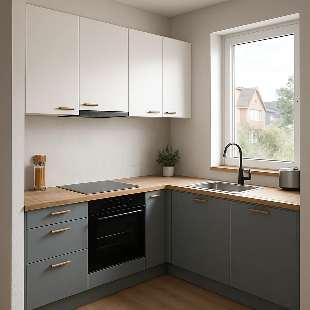Moderní rohová kuchyně v kombinaci bílých a šedých dvířek s dřevěnou pracovní deskou a černou baterií – minimalistický design na míru.