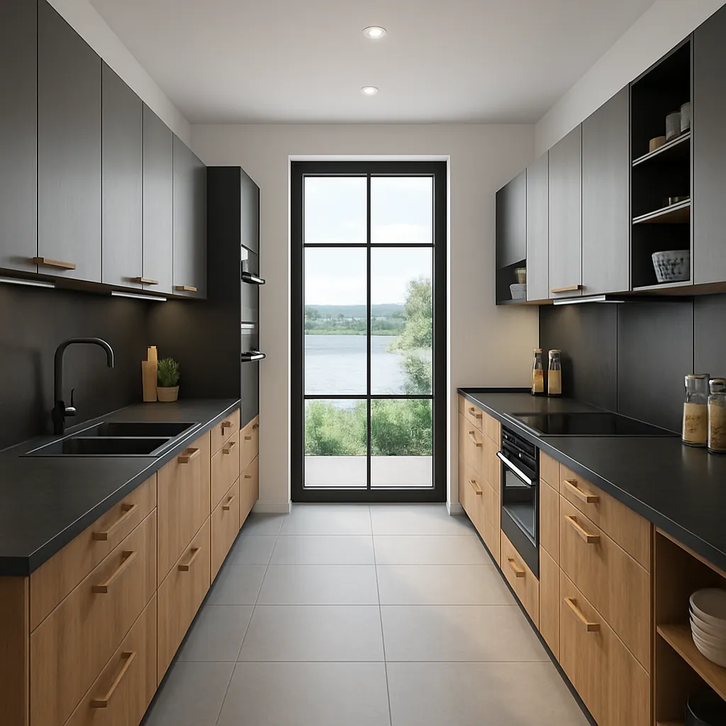 Prostorná kuchyně ve tvaru U s černými horními skříňkami, přírodním dekorem dolních skříněk a výhledem na jezero – luxusní interiér na míru.