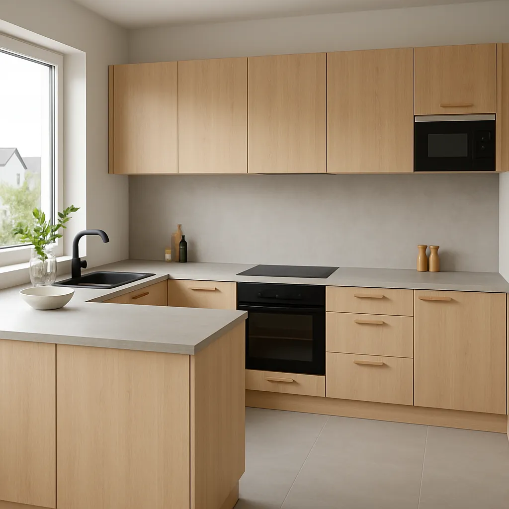 Světlá rohová kuchyně s ostrůvkem a matnými povrchy v dekoru světlého dřeva – moderní kuchyňská sestava s čistými liniemi.