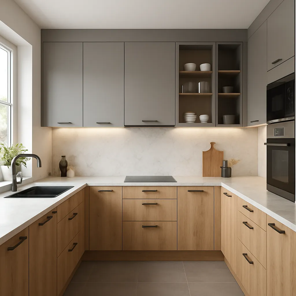 Designová kuchyně s šedými horními skříňkami, otevřenými policemi a přírodním dekorem spodní části – kombinace elegance a funkčnosti.