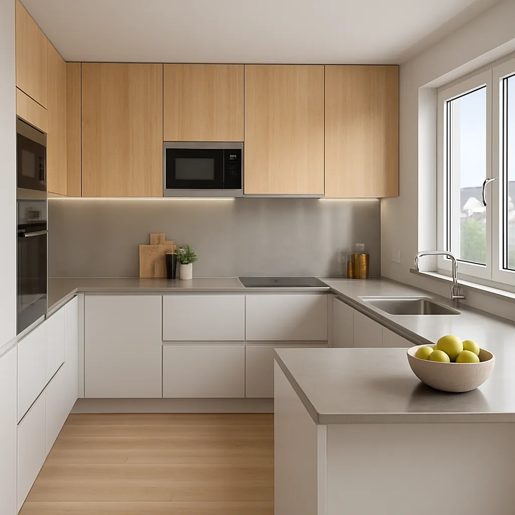 Minimalistická kuchyně v bílé barvě s horními skříňkami v dekoru dubu a integrovanou mikrovlnkou – čistý a nadčasový design.