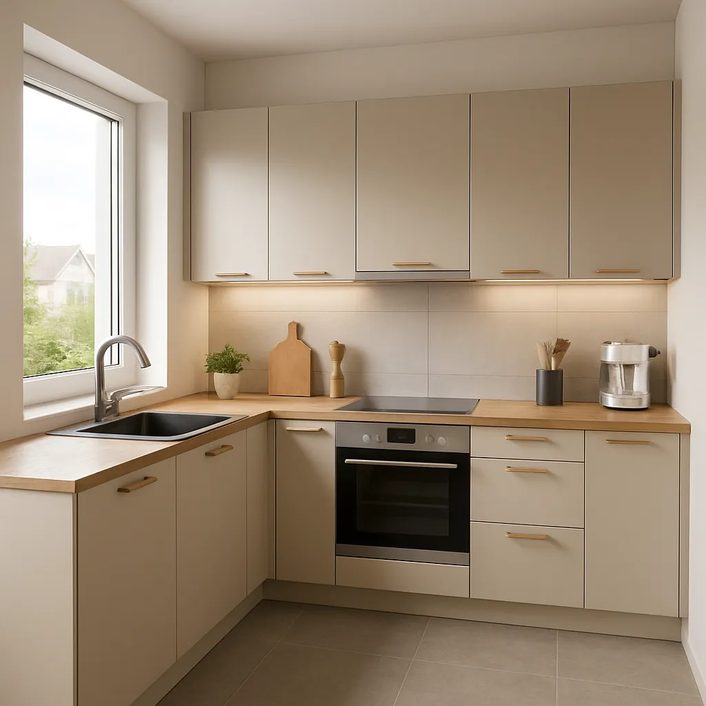 Krémová kuchyně ve tvaru L s dřevěnou pracovní deskou a decentními úchyty – harmonické spojení teplých tónů a funkčnosti.