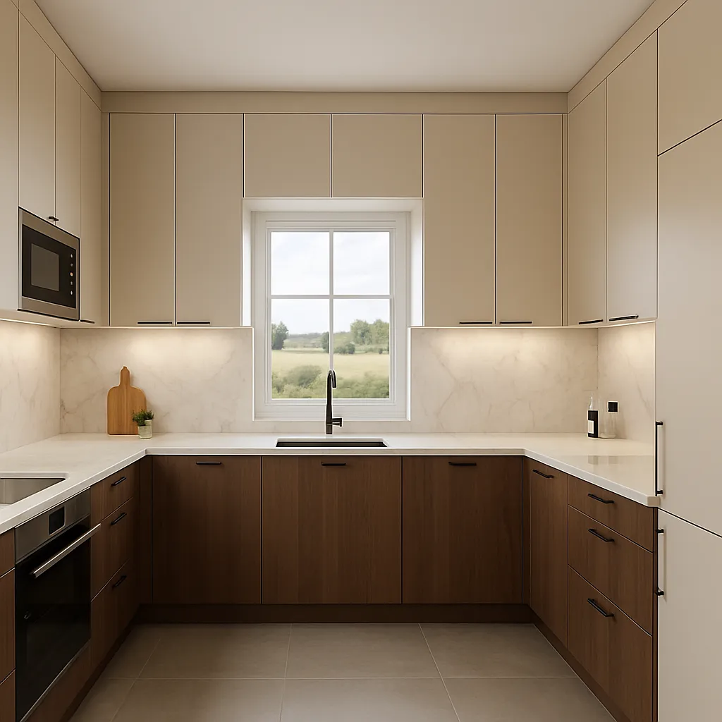 Elegantní rohová kuchyně v kombinaci tmavého dřeva a béžových skříněk s mramorovou zástěnou – moderní kuchyň na míru s důrazem na detail.