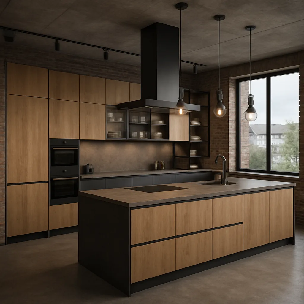 Náhledový obrázek - moderní industriální kuchyně s ostrůvkem v dekoru dubového dřeva a černých matných plochách, s vestavnými spotřebiči, závěsnými světly a betonovým stropem, velké okno s výhledem ven.