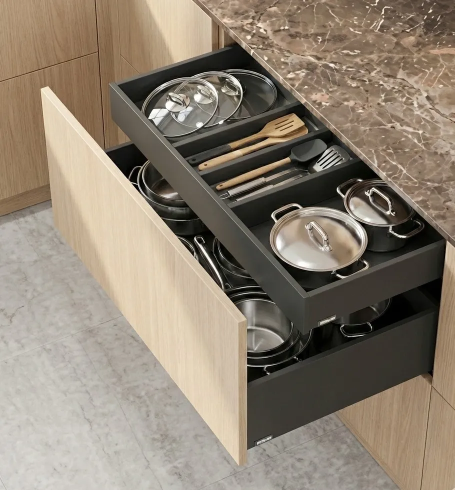 Hluboká výsuvná kuchyňská zásuvka s dvouúrovňovým systémem na hrnce, poklice a kuchyňské náčiní, zasazená do dřevěné kuchyňské linky s kamennou pracovní deskou.